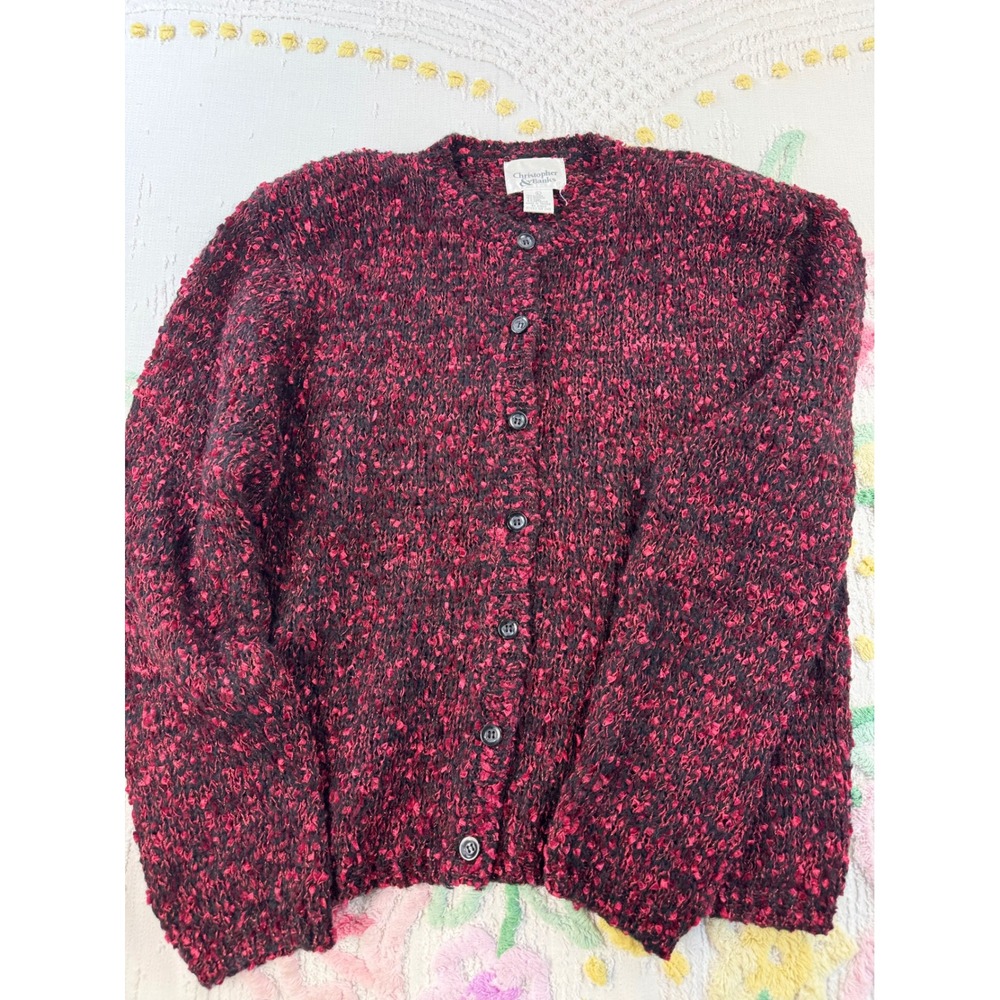 Christopher & Banks Womens Burgundy Black Metallic Knit Button Front Cardigan L